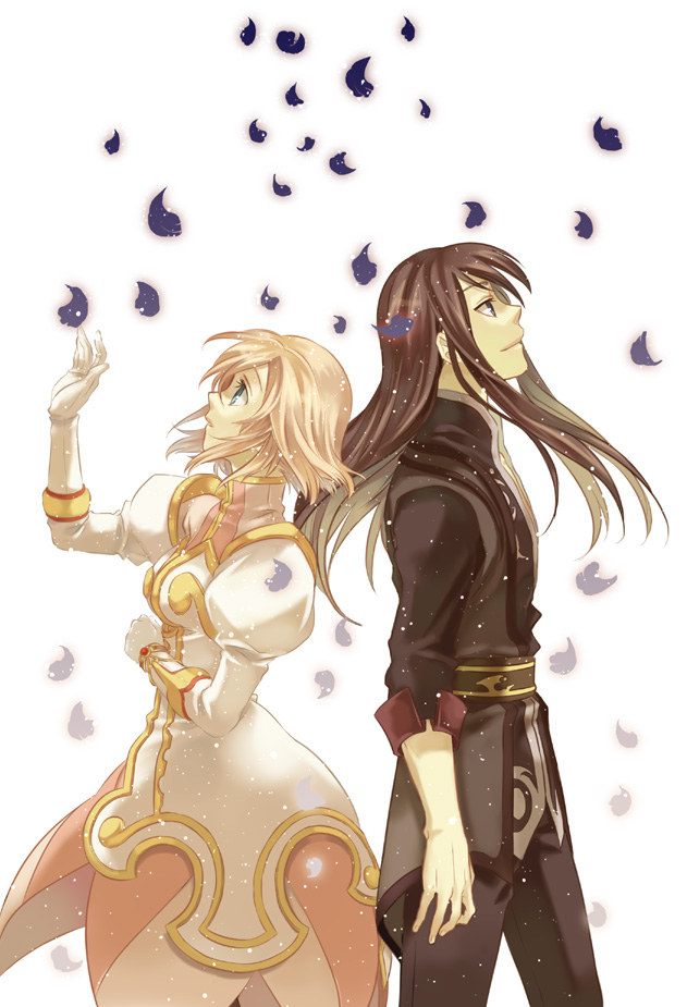 miho (mi), estellise sidos heurassein, yuri lowell, tales of (series), tales of vesperia, 00s, 1boy, 1girl, black eyes, black hair, blue eyes, gloves, long hair, petals, pink hair, short hair, simple background, white background