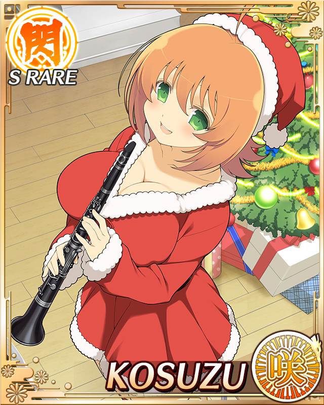 kosuzu (senran kagura), senran kagura, senran kagura new wave, game cg, official art, 1girl, ahoge, border, breasts, card (medium), character name, christmas, christmas present, christmas tree, clarinet, cleavage, dress, english text, fur-trimmed dress, fur-trimmed headwear, fur trim, gift, green eyes, hat, holding, holding instrument, instrument, large breasts, light blush, looking at viewer, medium hair, merry christmas, official alternate costume, open mouth, orange hair, red dress, santa costume, santa dress, santa hat, smile, solo