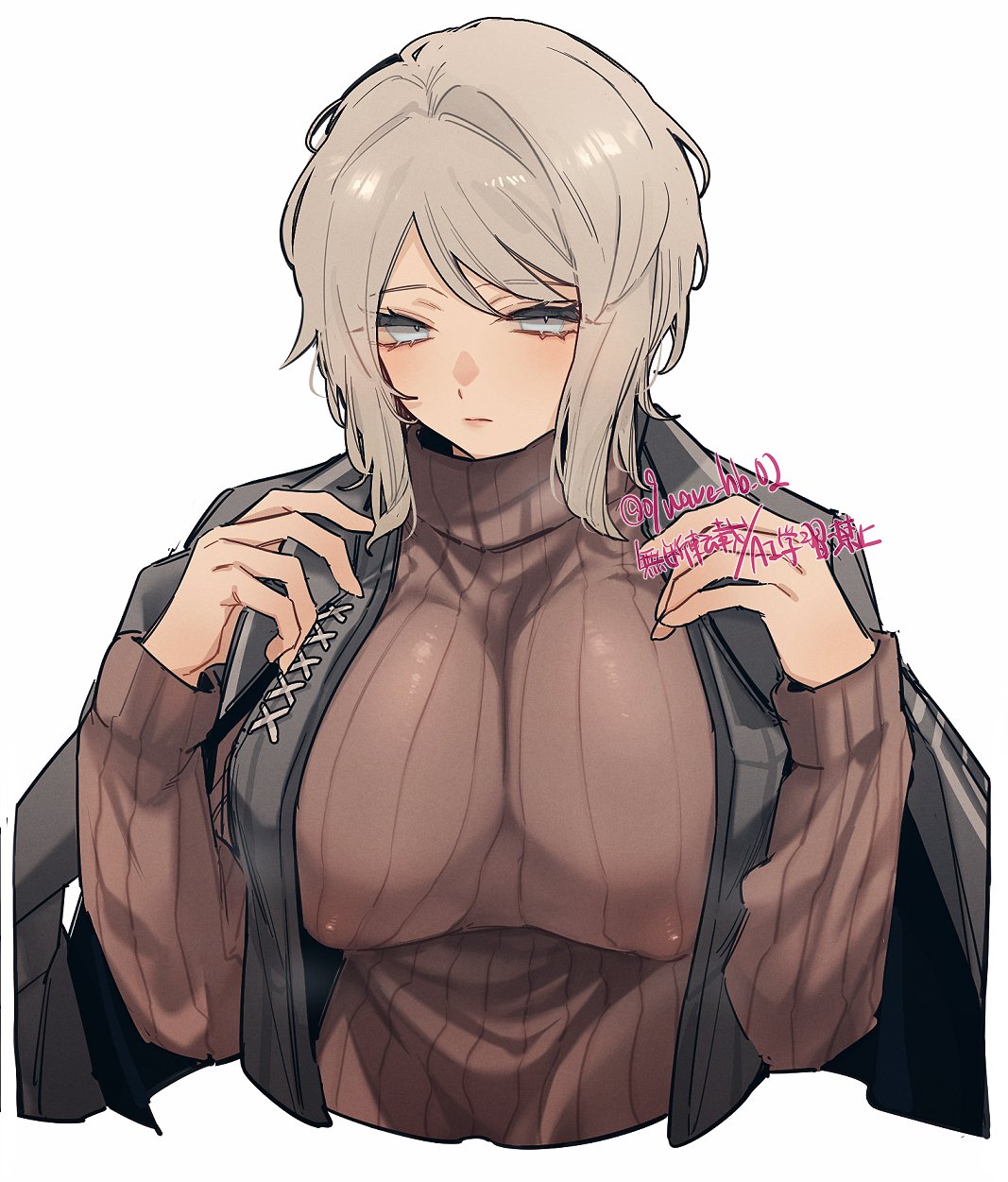 09wave hb, faust (project moon), limbus company, project moon, commentary, highres, 1girl, black coat, blue eyes, brown sweater, closed mouth, coat, coat on shoulders, covered erect nipples, hands up, looking at viewer, open clothes, open vest, puffy nipples, ribbed sweater, short hair, simple background, solo, sweater, vest, white background, white hair