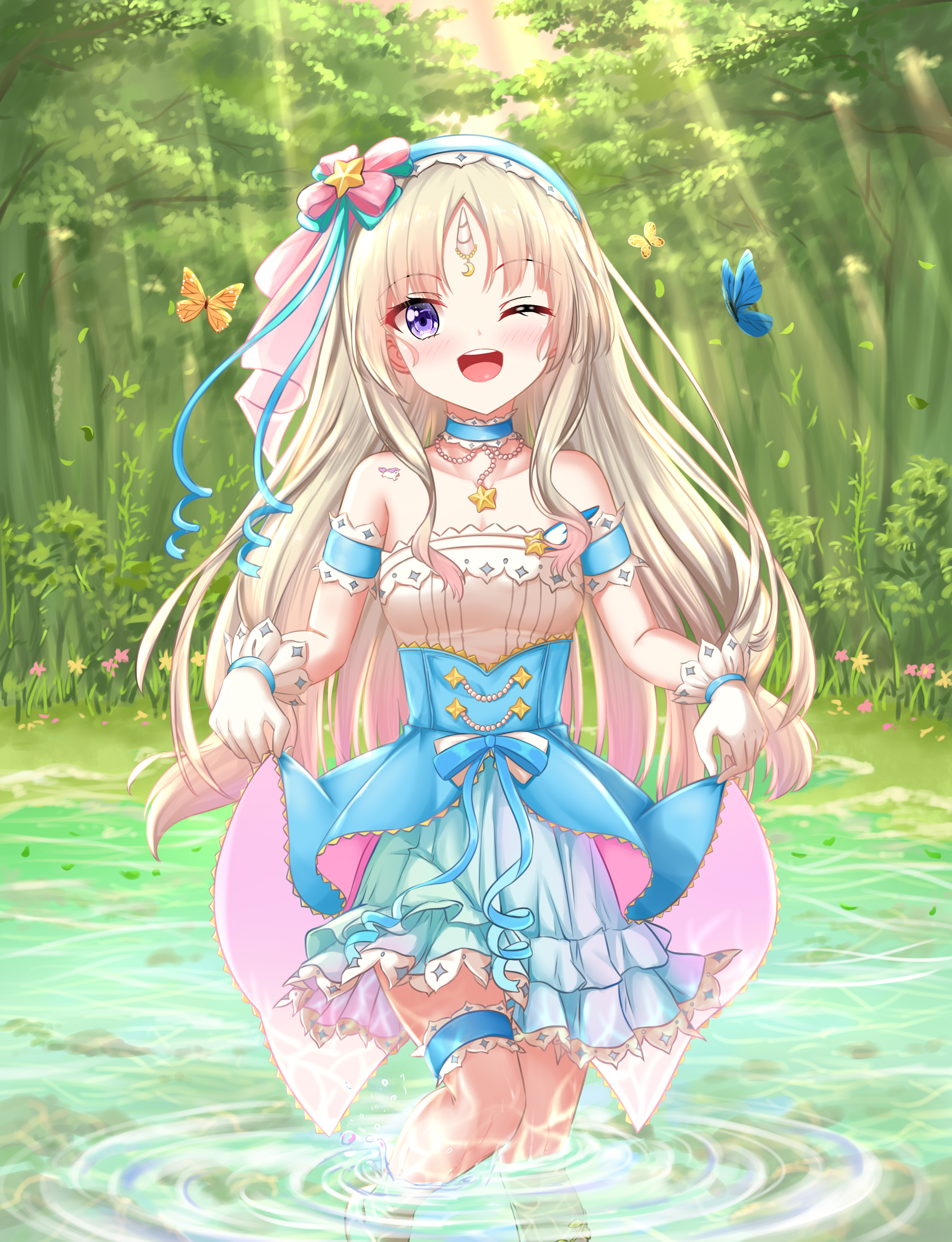 denfunsan, civia, hololive, hololive china, absurdres, chinese commentary, commentary request, highres, 1girl, ;d, blonde hair, blue choker, blue hairband, blush, bug, butterfly, choker, clothes grab, dress, gloves, hairband, insect, looking at viewer, one eye closed, open mouth, partially submerged, purple eyes, smile, solo, star (symbol), tattoo, teeth, tongue, unicorn horn, upper teeth only, virtual youtuber, water, white gloves