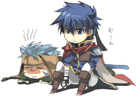 alphatheprodigy, ike (fire emblem), ranulf (fire emblem), fire emblem, fire emblem: path of radiance, nintendo, lowres, 2boys, animal ears, blue eyes, blue hair, cape, chibi, gloves, headband, male focus, multiple boys, tail