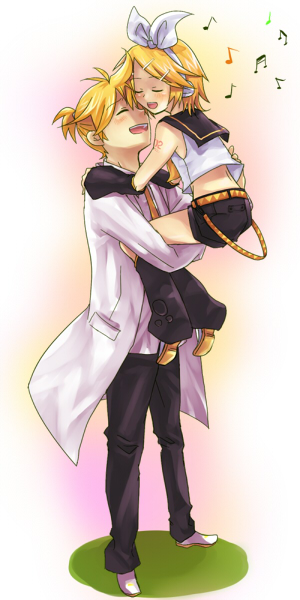 noji (pixiv191531), kagamine len, kagamine rin, kokoro (vocaloid), vocaloid, bad id, bad pixiv id, 1boy, 1girl, aged up, blonde hair, brother and sister, closed eyes, hair ribbon, lab coat, midriff, music, musical note, necktie, ribbon, scientist, short hair, shorts, siblings, singing, smile, twins