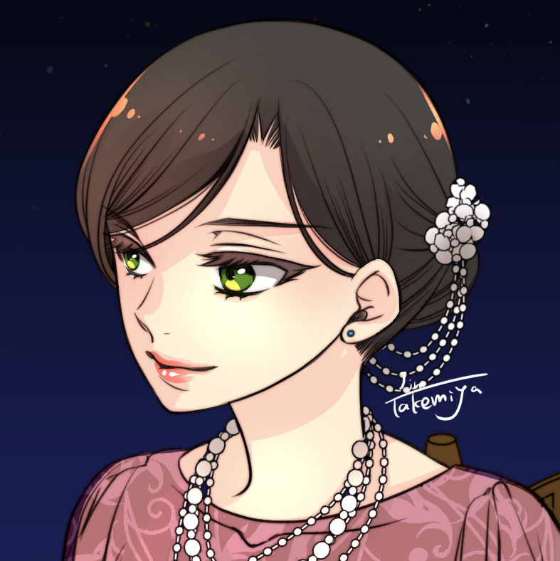takemiya jin, irene (ricky barnes), original, commission, commissioner upload, skeb commission, black hair, earrings, green eyes, hair bun, jewelry, lipstick, makeup, necklace, night, night sky, sky