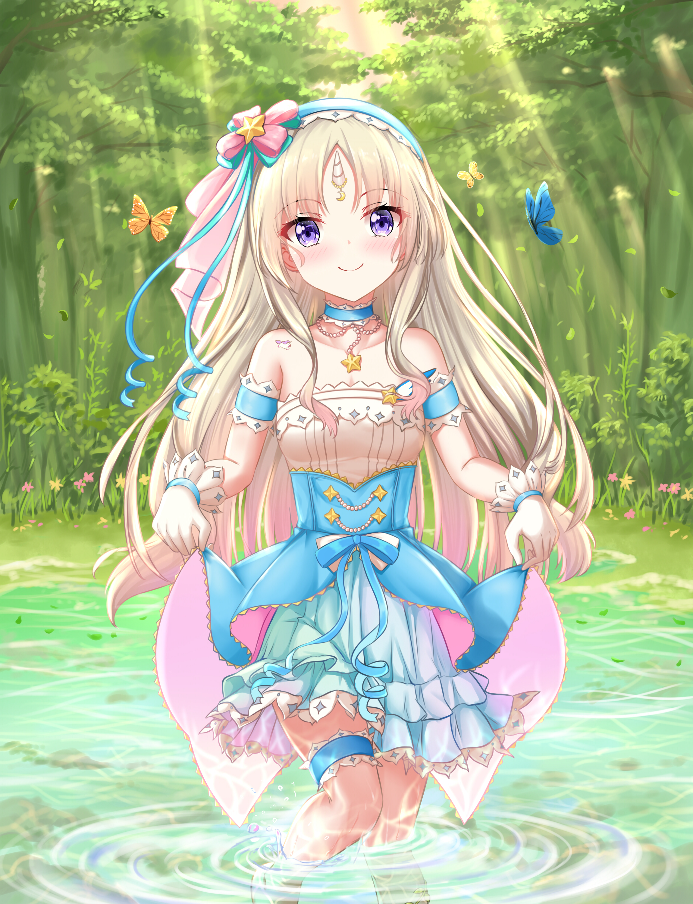 denfunsan, civia, hololive, hololive china, absurdres, chinese commentary, commentary request, highres, 1girl, blonde hair, blue choker, blue hairband, blush, bug, butterfly, choker, closed mouth, clothes grab, dress, gloves, hairband, insect, looking at viewer, partially submerged, purple eyes, smile, solo, star (symbol), tattoo, teeth, tongue, unicorn horn, upper teeth only, virtual youtuber, water, white gloves