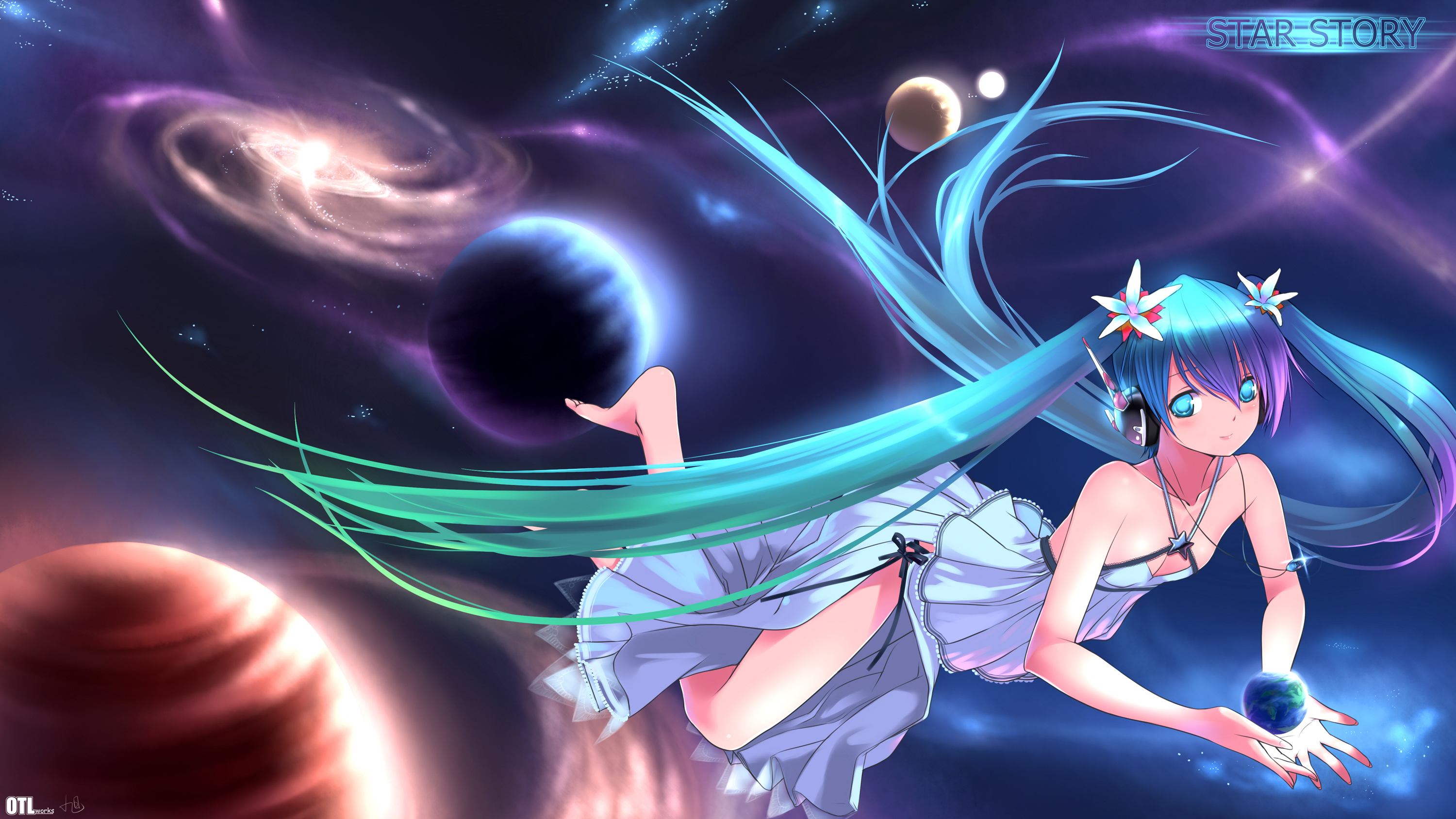 yykuaixian, hatsune miku, vocaloid, bad id, bad pixiv id, highres, 1girl, aqua hair, barefoot, blue hair, female focus, floating hair, full body, gradient hair, green hair, long hair, multicolored hair, purple hair, solo, space, twintails, very long hair