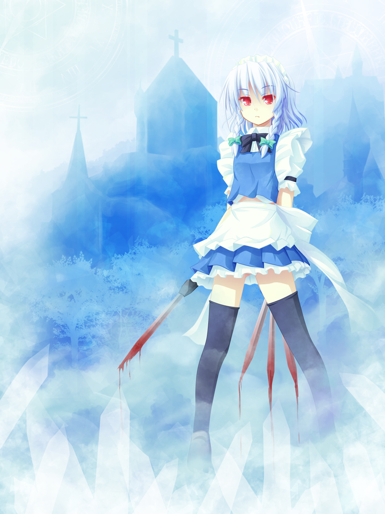 akashio (loli ace), izayoi sakuya, embodiment of scarlet devil, touhou, silver hair, bad id, bad pixiv id, 1girl, blood, braid, female focus, ice, maid, outdoors, sky, solo, sword, thighhighs, twin braids, weapon