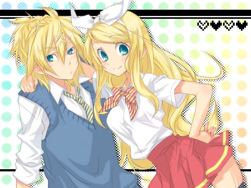 mikipa, kagamine len, kagamine rin, vocaloid, bad id, bad pixiv id, 1boy, 1girl, alternate hairstyle, aqua eyes, blonde hair, brother and sister, hair ornament, hair ribbon, hairclip, long hair, ribbon, school uniform, short hair, siblings, skirt, smile, thighhighs, twins