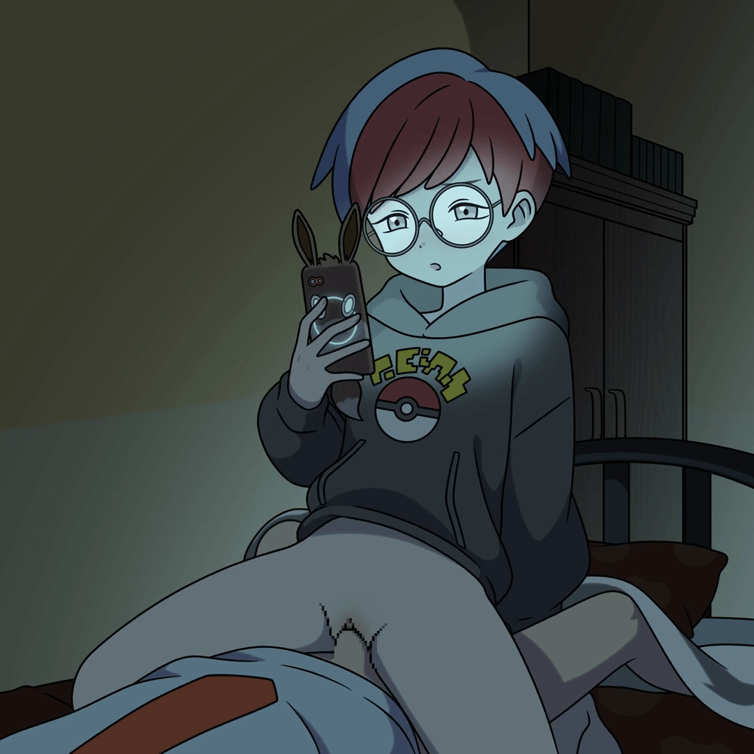 hoshi wo miru, florian (pokemon), penny (pokemon), rotom, rotom phone, pokemon, pokemon sv, animated, animated gif, 1boy, 1girl, blue hair, bottomless, censored, cowgirl position, girl on top, glasses, hetero, holding, holding phone, hood, hoodie, indoors, looking at phone, lying, mosaic censoring, multicolored hair, naranja academy school uniform, necktie, on back, on bed, open mouth, orange necktie, penis, phone, pillow, pussy, red hair, sex, straddling, two-tone hair, vaginal