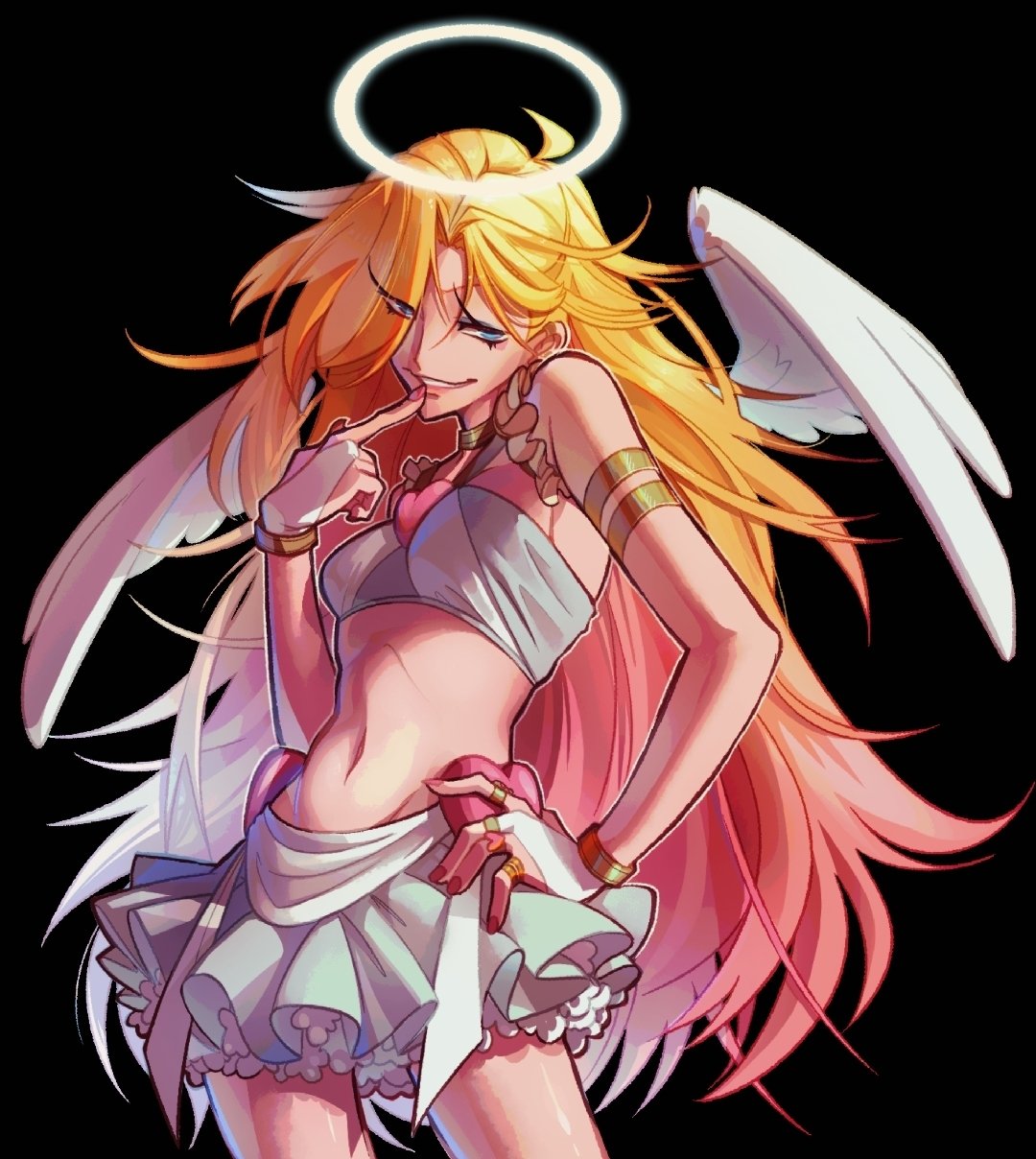 panty (psg), panty & stocking with garterbelt, highres, 1girl, angel, angel wings, black background, blonde hair, blue eyes, breasts, brooch, crop top, dress, earrings, feathered wings, fingernails, halo, heart, heart brooch, jewelry, kerbeyoshu, long hair, looking at viewer, medium breasts, midriff, miniskirt, multicolored hair, nail polish, navel, red nails, simple background, skirt, smile, solo, teeth, thighhighs, thighs, traditional halo, two-tone hair, wings