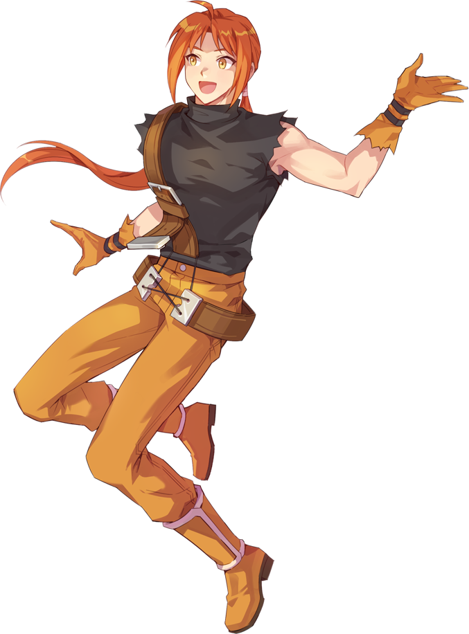 sivelin uuo, nexon, tales weaver, artist request, official art, second-party source, 1boy, :d, ahoge, belt, belt buckle, black shirt, brown belt, buckle, buttons, covered pectorals, full body, gloves, large belt, long hair, looking to the side, loose belt, male focus, midair, muscular, muscular male, no midriff, open mouth, orange gloves, orange hair, orange pants, orange shoes, pants, pectorals, ponytail, shin guards, shirt, shoes, shoulder belt, sidelocks, simple background, sleeveless, sleeveless shirt, smile, solo, tongue, torn clothes, torn gloves, torn shirt, transparent background, warm colored, yellow eyes