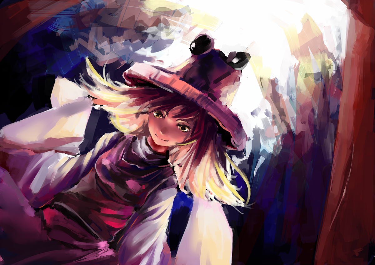 pixiv (230434), relax (artist), moriya suwako, touhou, 1girl, blonde hair, dutch angle, female focus, hat, smirk, solo, yellow eyes