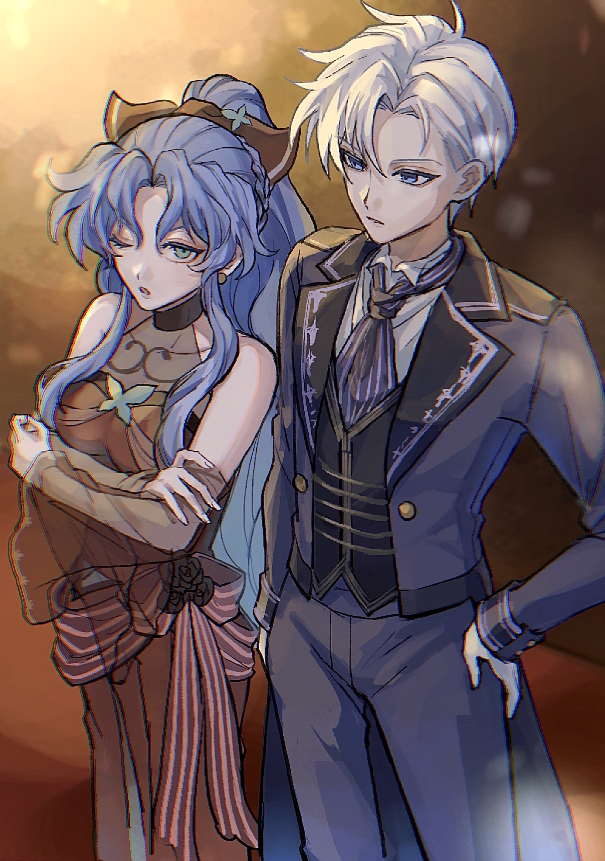 soinjan, rulue (puyopuyo), schezo wegey, puyopuyo, puyopuyo quest, absurdres, commentary, highres, 1boy, 1girl, ;o, alternate costume, arm at side, black bow, black necktie, black vest, blue eyes, blue hair, bow, braid, chromatic aberration, coat, coattails, crossed arms, detached sleeves, dress, earrings, formal clothes, green eyes, grey coat, grey pants, hair bow, hand on own hip, high ponytail, jewelry, lapels, long hair, long sleeves, looking at another, necktie, notched lapels, one eye closed, open clothes, open coat, open mouth, pants, parted bangs, parted lips, ponytail, red dress, see-through clothes, see-through sleeves, short hair, very long hair, vest, white hair, wide sleeves