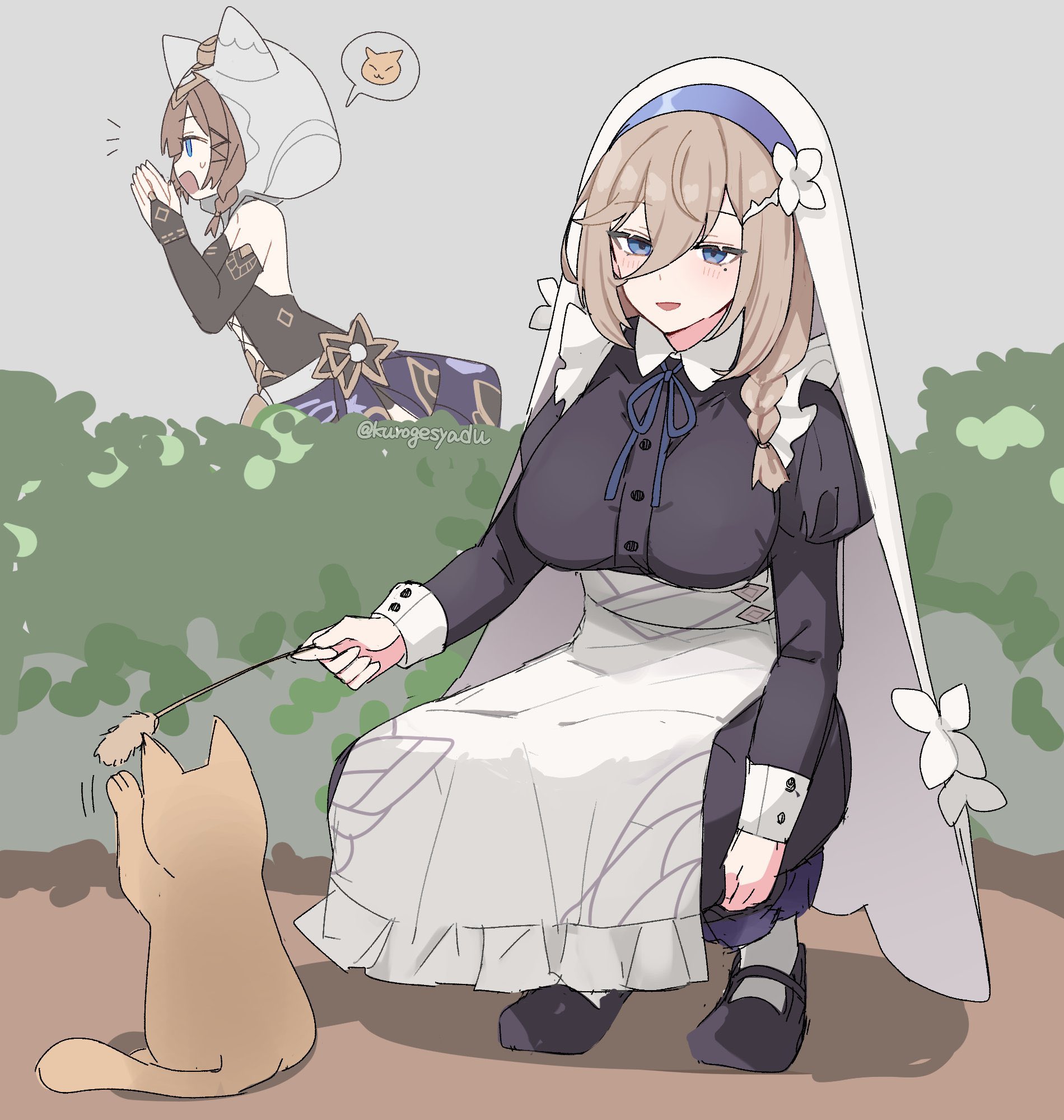 kuromu shado, aponia, pardofelis, pardofelis (reverist calico), honkai (series), honkai impact 3rd, commentary request, highres, 2girls, animal ears, animal hood, apron, black shirt, black shoes, blonde hair, blue eyes, breasts, brown hair, cat, cat ears, cat hood, holding cat teaser, hood, large breasts, medium hair, mole, mole under eye, multiple girls, nun, parted lips, shirt, shoes, short hair with long locks, squatting, veil, white apron, white veil
