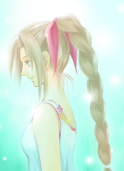 beshiexe, aerith gainsborough, crisis core: final fantasy vii, final fantasy, final fantasy vii, 1990s (style), 1girl, bow, braid, brown hair, female focus, gradient background, green eyes, hair bow, long hair, retro artstyle, ribbon, smile, solo