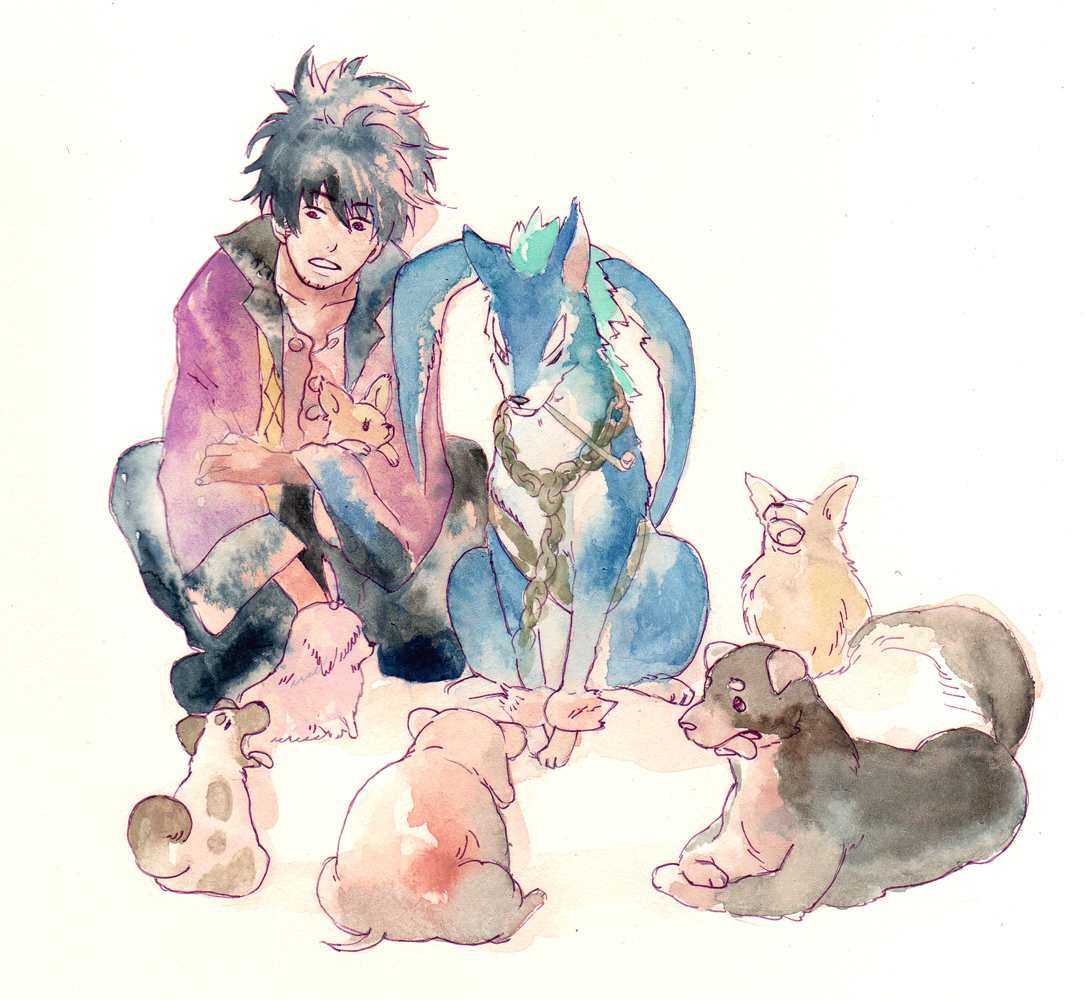 chikama (minka), raven (tales), repede (tales), tales of (series), tales of vesperia, bad id, bad pixiv id, 00s, 1boy, black hair, chain, dog, kiseru, male focus, ponytail, smoking pipe, solo