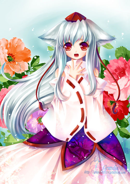 grandia koori, inubashiri momiji, touhou, silver hair, bad id, bad pixiv id, 1girl, alternate hair length, alternate hairstyle, animal ears, detached sleeves, female focus, flower, hat, long hair, red eyes, solo, tokin hat, very long hair, wolf ears