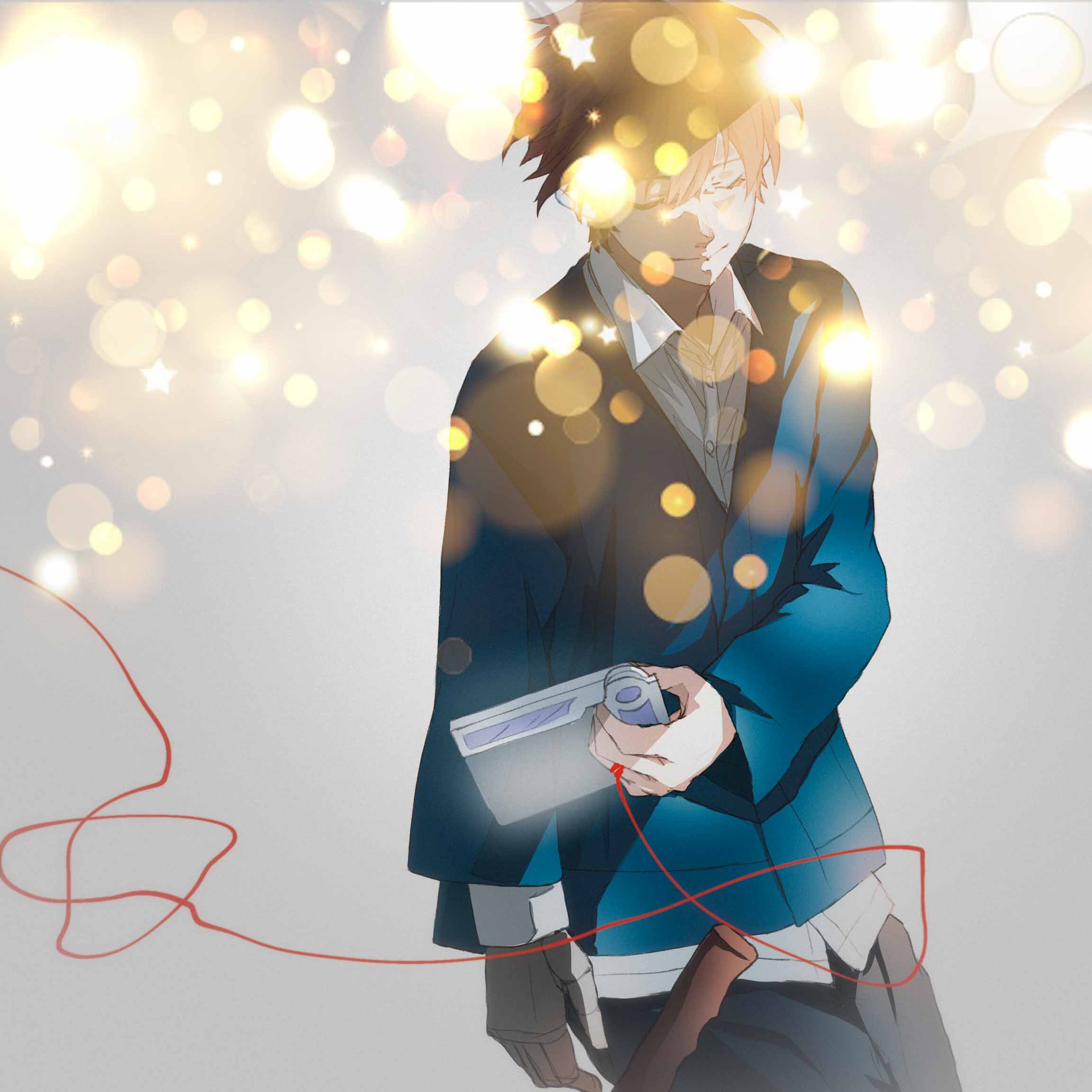 isca, ouma shuu, guilty crown, commentary request, highres, spoilers, 1boy, alternate costume, bloom, blue jacket, brown hair, closed eyes, collared shirt, holding, holographic monitor, holographic touchscreen, jacket, prosthesis, prosthetic arm, shirt, short hair, smile, solo, star (symbol), string, string around finger, string of fate, white shirt