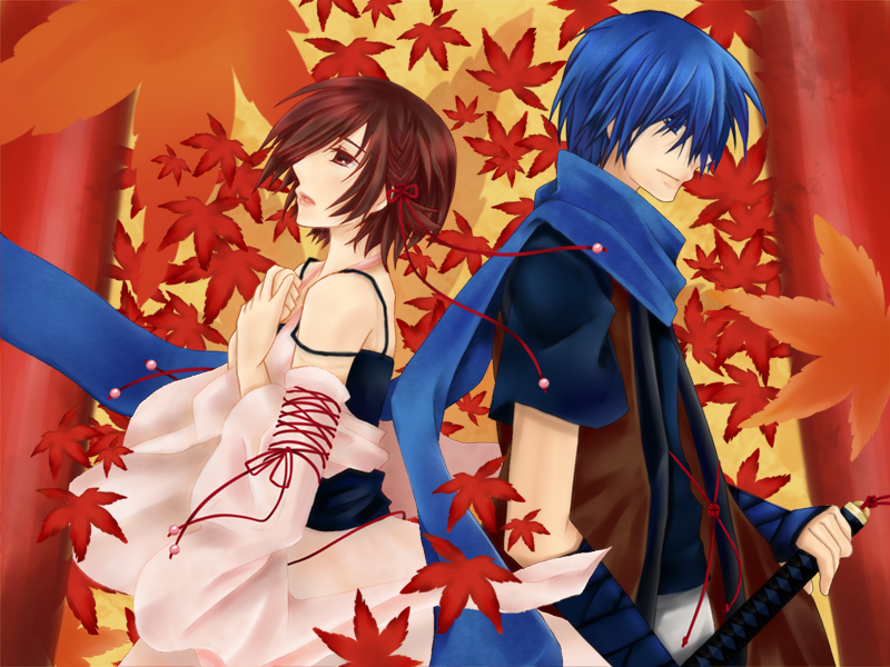 wenyuann, kaito (vocaloid), meiko (vocaloid), tsugai kogarashi (vocaloid), vocaloid, bad id, bad pixiv id, 1boy, 1girl, back-to-back, blue eyes, blue hair, blue scarf, brown eyes, brown hair, detached sleeves, hair ornament, hair ribbon, japanese clothes, katana, kimono, leaf, maple leaf, ribbon, scarf, short hair, sword, torii, weapon
