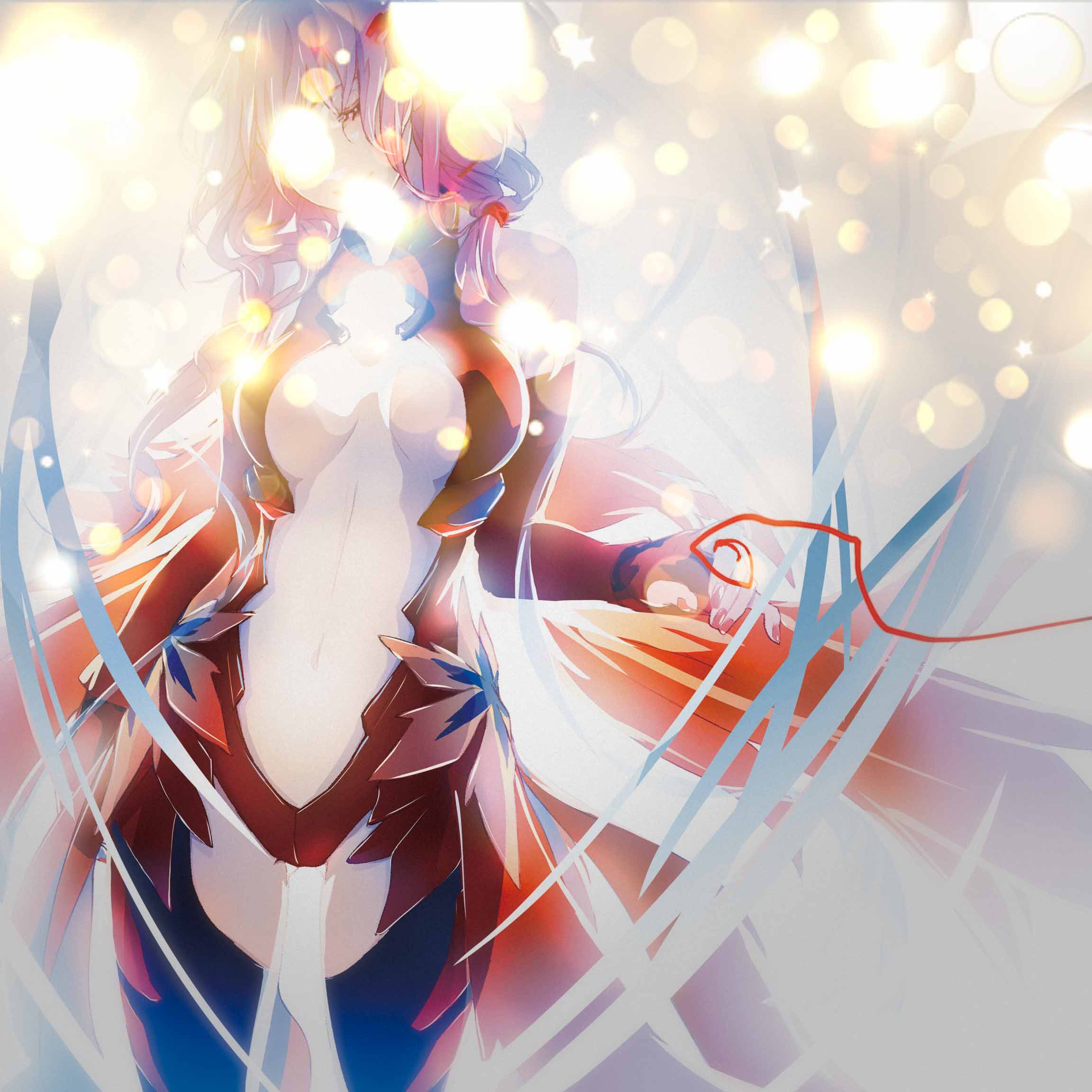 isca, yuzuriha inori, guilty crown, commentary request, highres, 1girl, bare shoulders, black thighhighs, breasts, center opening, cleavage, closed eyes, detached sleeves, elbow gloves, fingerless gloves, gloves, hair ornament, hair tubes, hairclip, leotard, long hair, medium breasts, navel, pink hair, red leotard, red sheet, solo, star (symbol), string, string around finger, string of fate, thighhighs, twintails