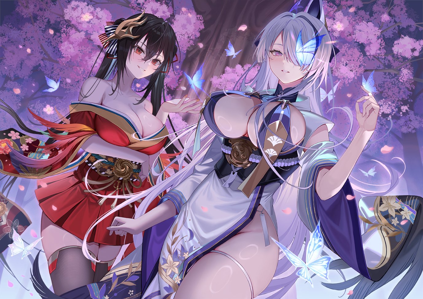 amahara subaru, taihou (azur lane), unzen (azur lane), azur lane, commentary request, official art, second-party source, 2girls, black hair, black ribbon, black thighhighs, blue butterfly, breasts, bug, butterfly, center opening, cleavage, dutch angle, falling petals, floral print, floral print kimono, floral print sash, hair over one eye, hair ribbon, insect, japanese clothes, kimono, large breasts, looking at viewer, mask, mask on head, multiple girls, petals, print kimono, purple trim, red eyes, red kimono, red ribbon, ribbon, sash, smile, striped ribbon, thigh strap, thighhighs, tree, two-tone ribbon, vertical-striped ribbon, white kimono, wide sleeves, zettai ryouiki