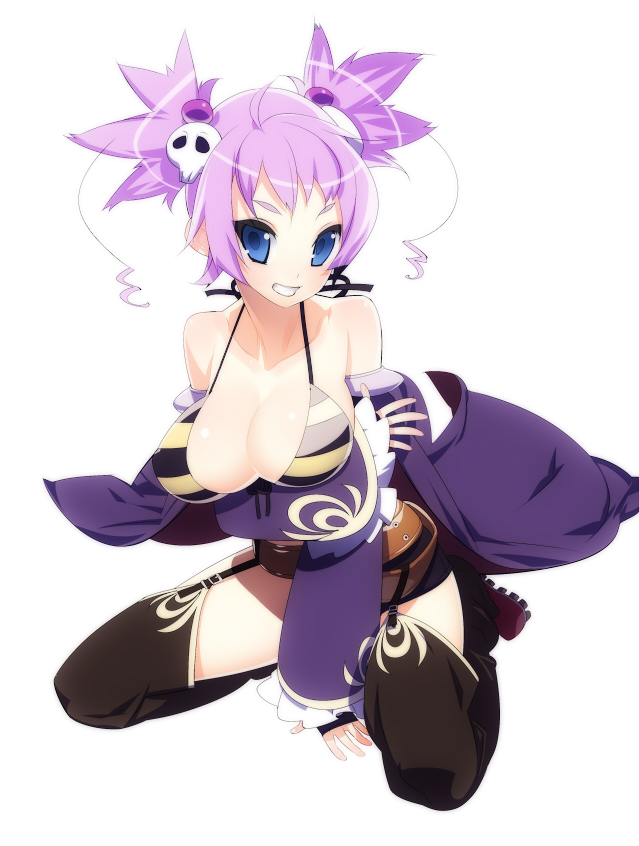tensugi takashi, riten (koihime musou), koihime musou, bad id, bad pixiv id, 00s, 1girl, bikini, bikini top only, blue eyes, breasts, female focus, garter belt, grin, hair ornament, large breasts, naughty face, purple hair, skull, skull hair ornament, smile, solo, swimsuit, thighhighs, twintails