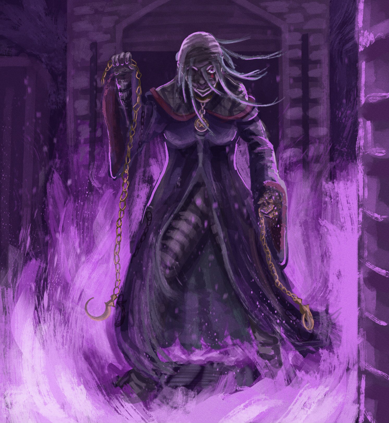 sirius (re:zero), re:zero kara hajimeru isekai seikatsu, highres, 1girl, bandaged arm, bandaged head, bandaged neck, bandages, chain, collarbone, fire, grey hair, hair between eyes, holding, holding chain, hook, horror (theme), long hair, melancholymaze0, mummy, one eye covered, purple fire, standing