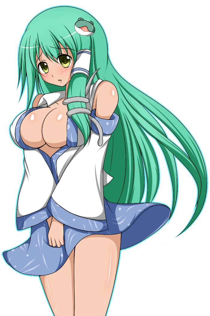 zefyu, kochiya sanae, touhou, 1girl, blush, breasts, detached sleeves, female focus, frog hair ornament, green eyes, green hair, hair ornament, hair tubes, huge breasts, long hair, matching hair/eyes, simple background, snake hair ornament, solo, tan, very long hair, white background, wide sleeves, x x