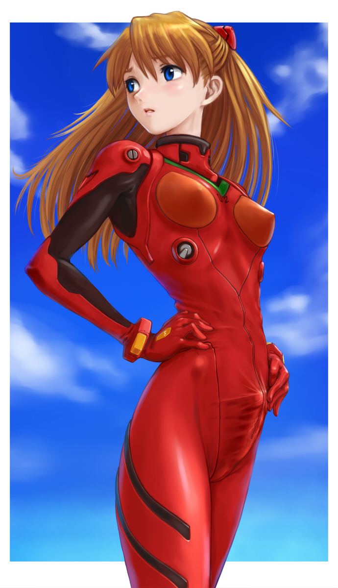 rasukaru, souryuu asuka langley, neon genesis evangelion, soryu asuka langley, highres, 1futa, blue eyes, bodysuit, breasts, bulge, cameltoe, covered erect nipples, day, erection, erection under clothes, futanari, hair ornament, latex, lips, long hair, mecha pilot suit, no testicles, orange hair, penis, plugsuit (evangelion), red hair, skin tight, sky, small breasts, solo