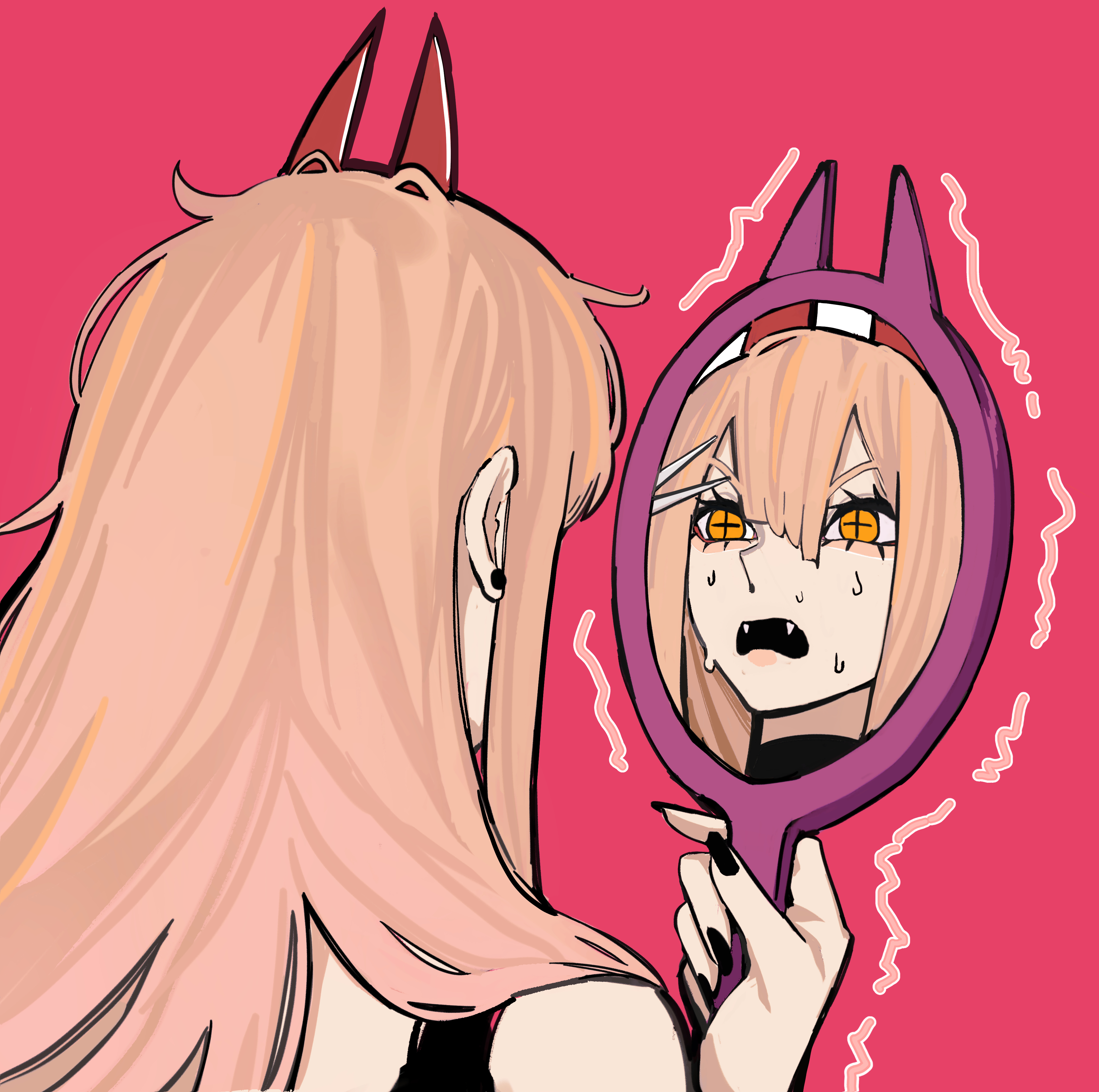 sailen0, power (chainsaw man), chainsaw man, absurdres, commentary, highres, 1girl, black nails, blonde hair, cross-shaped pupils, d:, demon girl, demon horns, earrings, fangs, hair between eyes, hand mirror, hand on mirror, holding, holding mirror, horns, jewelry, looking at mirror, looking at self, mirror, open mouth, pink background, red horns, reflection, reflection focus, sharp teeth, solo, stud earrings, sweat, symbol-shaped pupils, teeth, trembling, yellow eyes