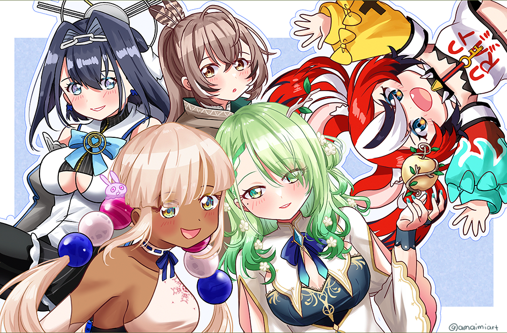 amaimi, ceres fauna, ceres fauna (1st costume), hakos baelz, hakos baelz (1st costume), nanashi mumei, nanashi mumei (1st costume), ouro kronii, ouro kronii (1st costume), tsukumo sana, tsukumo sana (1st costume), usaslug (tsukumo sana), holocouncil, hololive, hololive english, commentary, 5girls, :d, animal ears, antlers, apple, aqua bow, asymmetrical sleeves, black hair, black shirt, blonde hair, blue bow, blue bowtie, blue eyes, blue hair, blush, border, bow, bowtie, breasts, brown eyes, brown hair, cleavage cutout, clothing cutout, cropped shirt, dark-skinned female, dark skin, detached sleeves, fang, feathers, food, fruit, golden apple, gradient hair, green eyes, green hair, hair between eyes, hair intakes, halo, heart, horns, key, large breasts, long sleeves, looking at viewer, mechanical halo, mismatched sleeves, mouse ears, multicolored hair, multiple girls, open mouth, pinstripe pattern, pinstripe shirt, ponytail, red hair, shirt, sideboob, sleeveless, sleeveless shirt, smile, streaked hair, tongue, twintails, underboob, virtual youtuber, white border, white hair, white shirt, yellow bow, yellow eyes, yellow sleeves