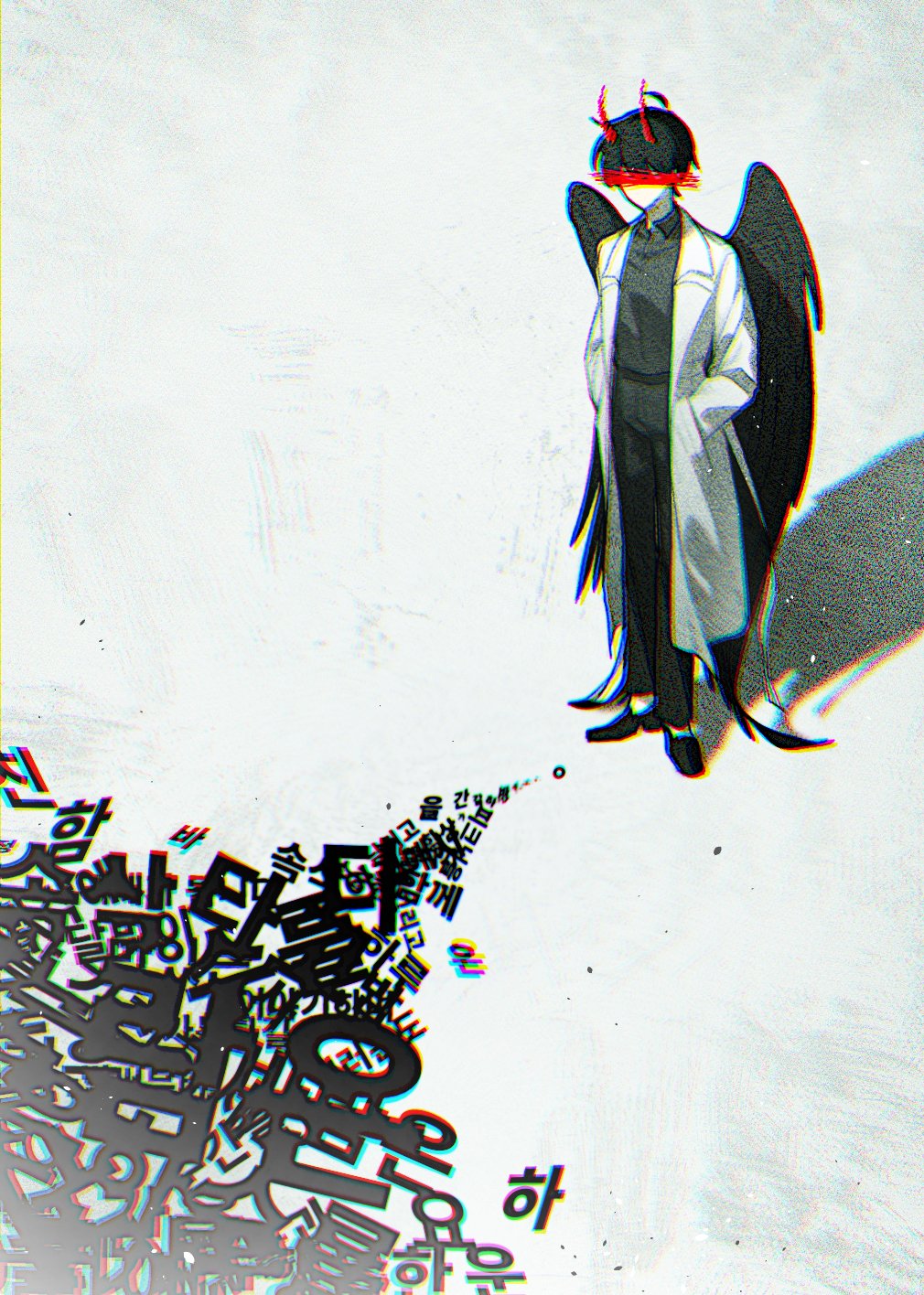 elzfbrvsnr30247, kim dokja, omniscient reader's viewpoint, highres, 1boy, black hair, black shirt, black wings, censored, censored identity, coat, collared shirt, demon horns, feathered wings, film grain, full body, hands in pockets, horns, korean text, male focus, open clothes, open coat, shadow, shirt, short hair, solo, standing, white coat, wings