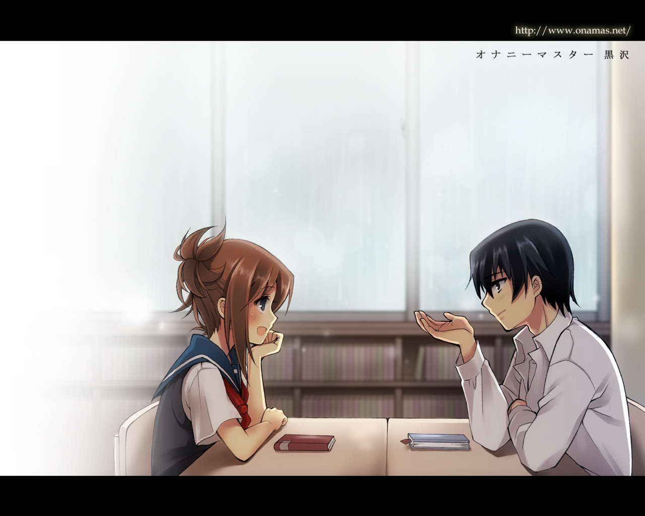 kurosawa kakeru, takigawa magister, onanie master kurosawa, 1boy, 1girl, book, bookmark, copyright name, letterboxed, library, school uniform, serafuku, sitting, talking, watermark, web address