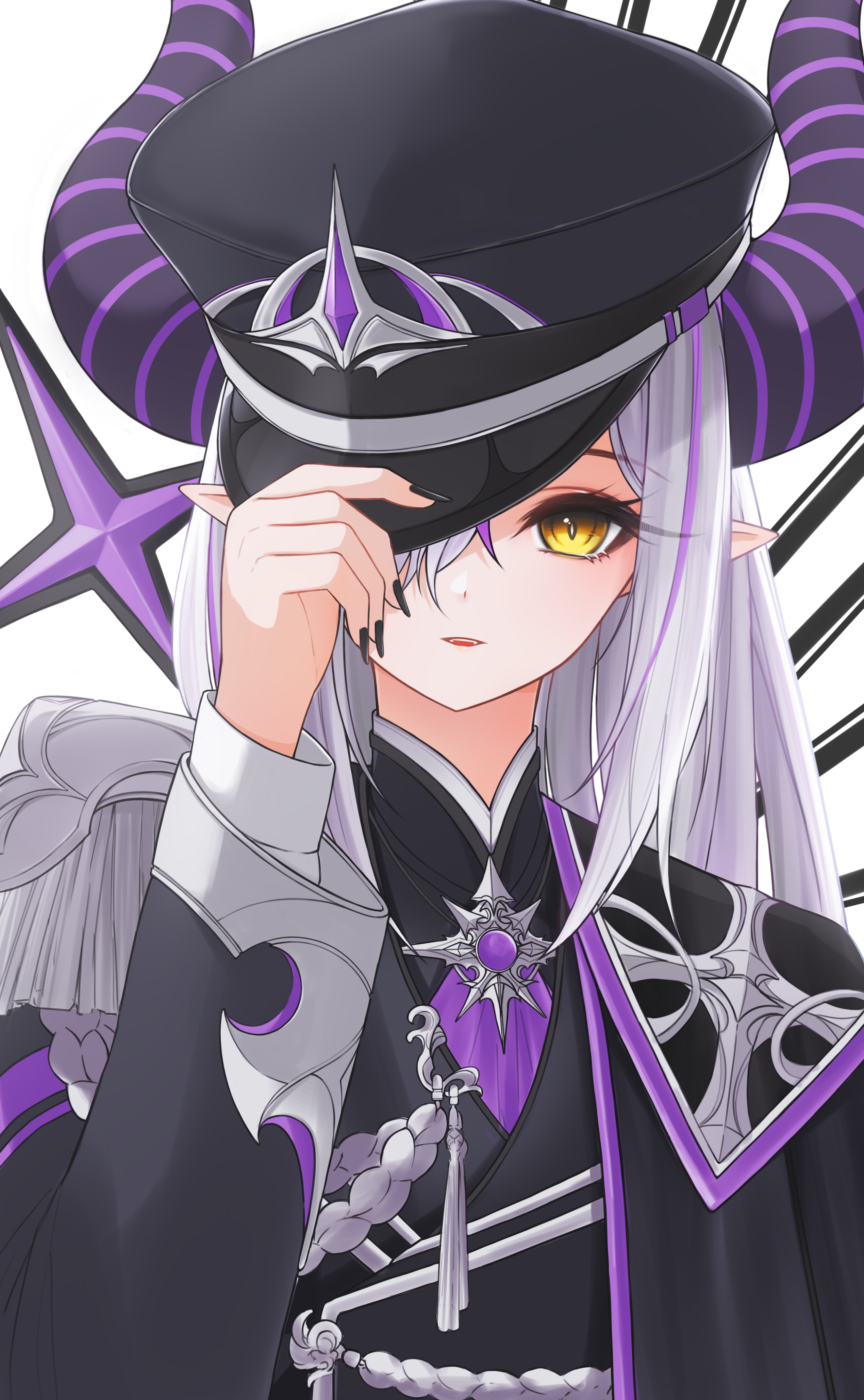ruo1001, la+ darknesss, hololive, absurdres, commentary request, highres, 1girl, adjusting clothes, adjusting headwear, alternate costume, black hat, black jacket, black nails, black shirt, demon girl, demon horns, grey hair, hat, horns, jacket, long hair, looking at viewer, multicolored hair, nail polish, open mouth, pointy ears, purple hair, shirt, solo, streaked hair, very long hair, virtual youtuber, yellow eyes