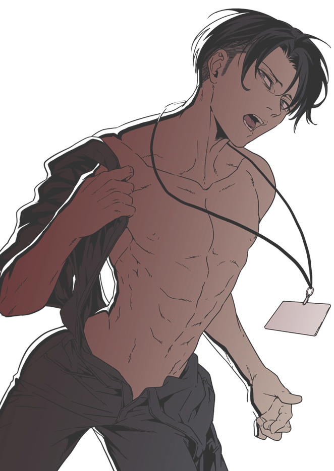 satsuki llab, levi (shingeki no kyojin), shingeki no kyojin, 1boy, male focus, nipples, open mouth, short hair, solo, toned, toned male, undercut, white background