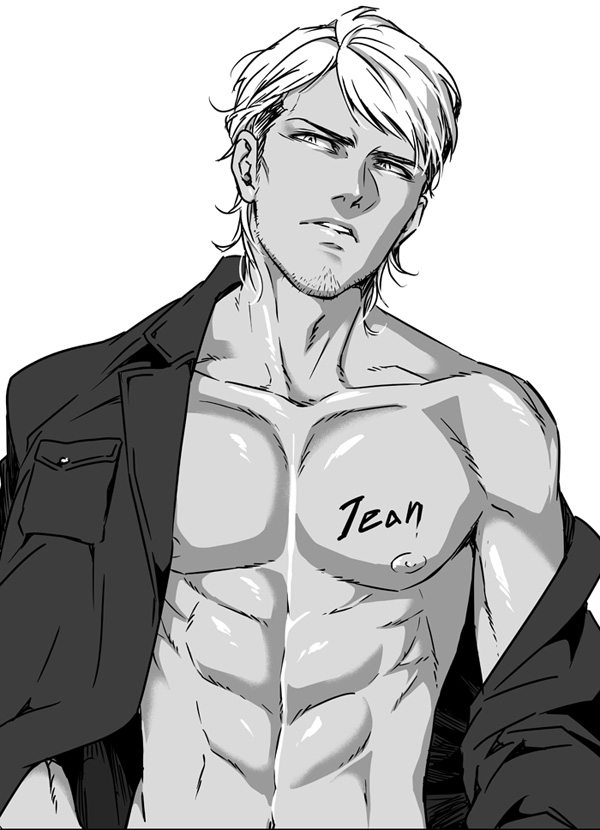 satsuki llab, jean kirstein, shingeki no kyojin, 1boy, character name, facial hair, greyscale, male focus, monochrome, muscular, muscular male, nipples, open clothes, short hair, solo, stubble, undercut, upper body