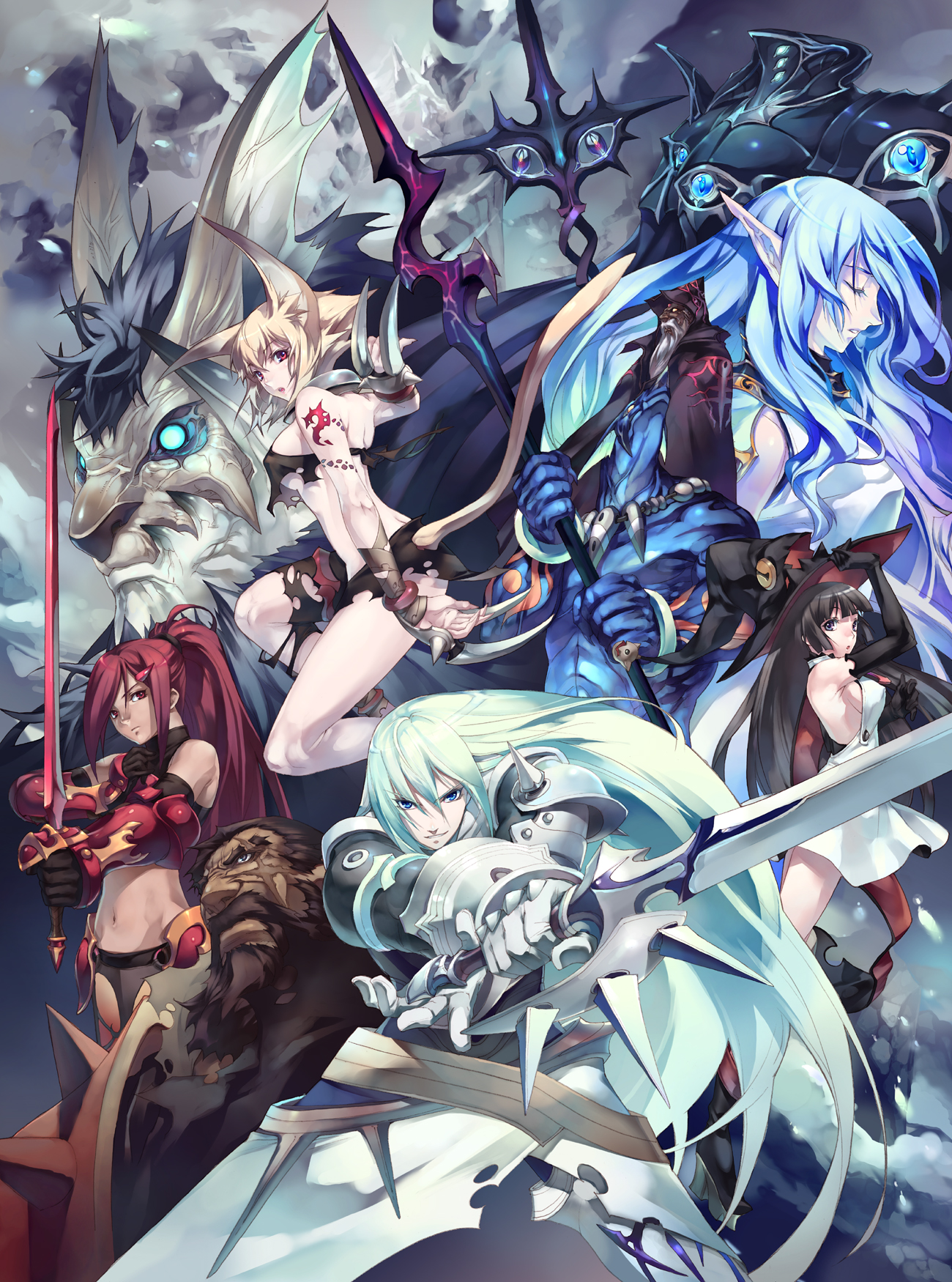 kousaki rui, original, highres, 2boys, 4girls, animal ears, armor, blonde hair, blue hair, fantasy, hat, long hair, multiple boys, multiple girls, pointy ears, ponytail, red hair, staff, sword, weapon, witch hat