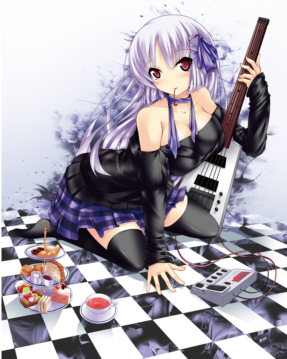 nana (732 kaiten), highres, 1girl, breasts, cleavage, female focus, food, guitar, headless instrument, instrument, large breasts, long hair, mouth hold, purple hair, solo, steinberger, thighhighs, zettai ryouiki