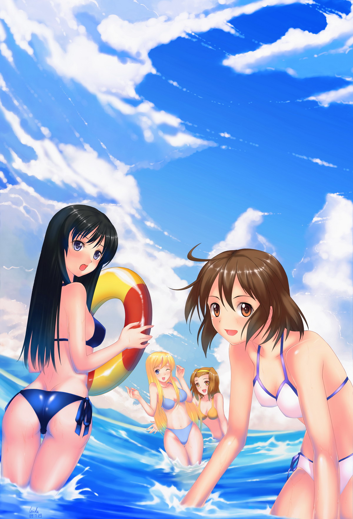 laida, akiyama mio, hirasawa yui, kotobuki tsumugi, tainaka ritsu, k-on!, bad id, bad pixiv id, highres, 00s, 4girls, bikini, black hair, blonde hair, blue eyes, brown eyes, brown hair, day, ho-kago tea time, multiple girls, ocean, one eye closed, side-tie bikini bottom, smile, swimsuit, water, wink
