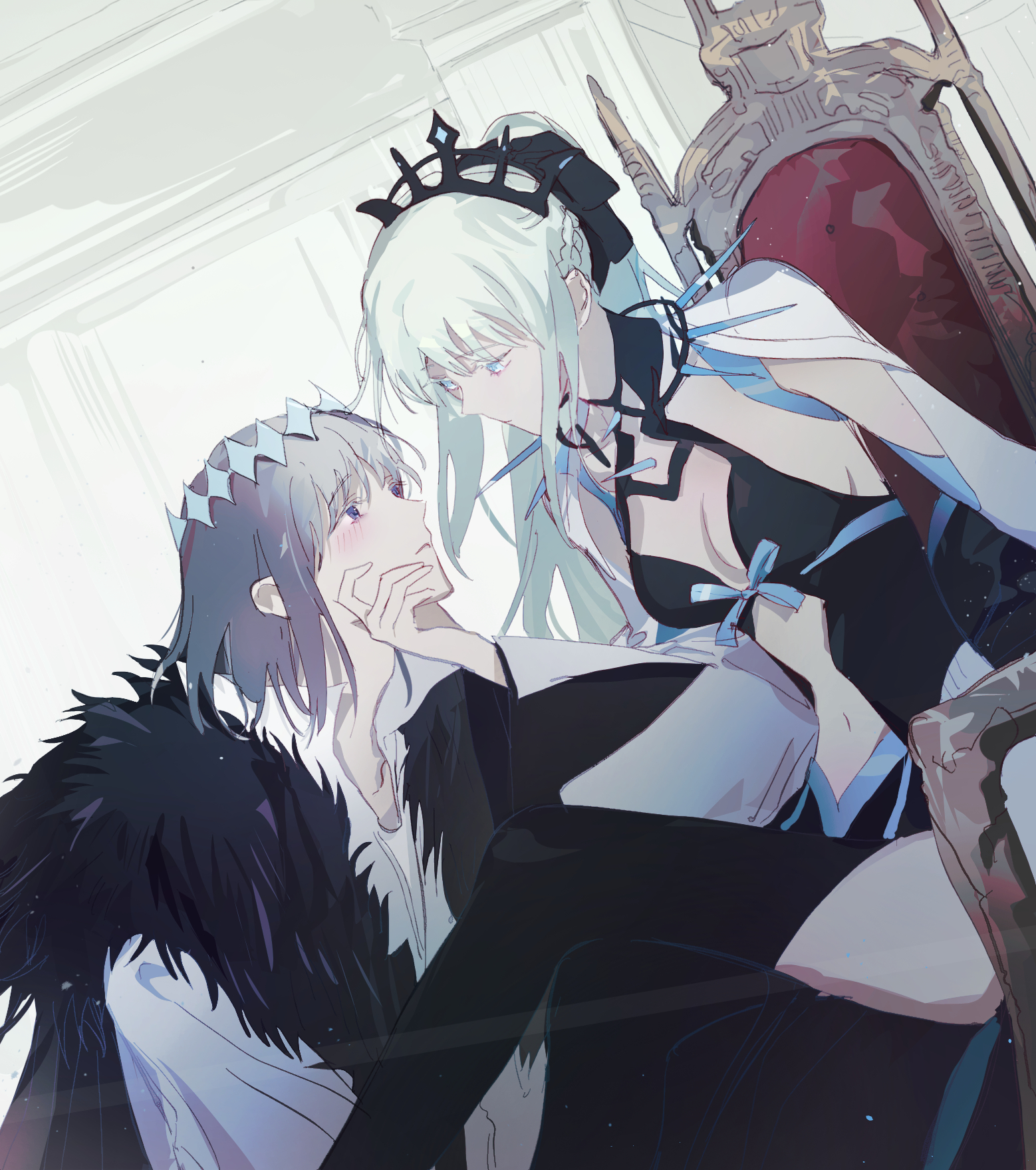 morgan le fay (fate), morgan le fay (third ascension) (fate), oberon (fate), oberon (third ascension) (fate), fate/grand order, fate (series), commentary request, highres, 1boy, 1girl, black bow, black dress, black tiara, blue eyes, blush, bow, braid, dress, fur trim, grey hair, hair bow, half up braid, hina26 xd, long hair, ponytail, short hair, sitting, sitting on throne, spikes, tiara, very long hair, white hair