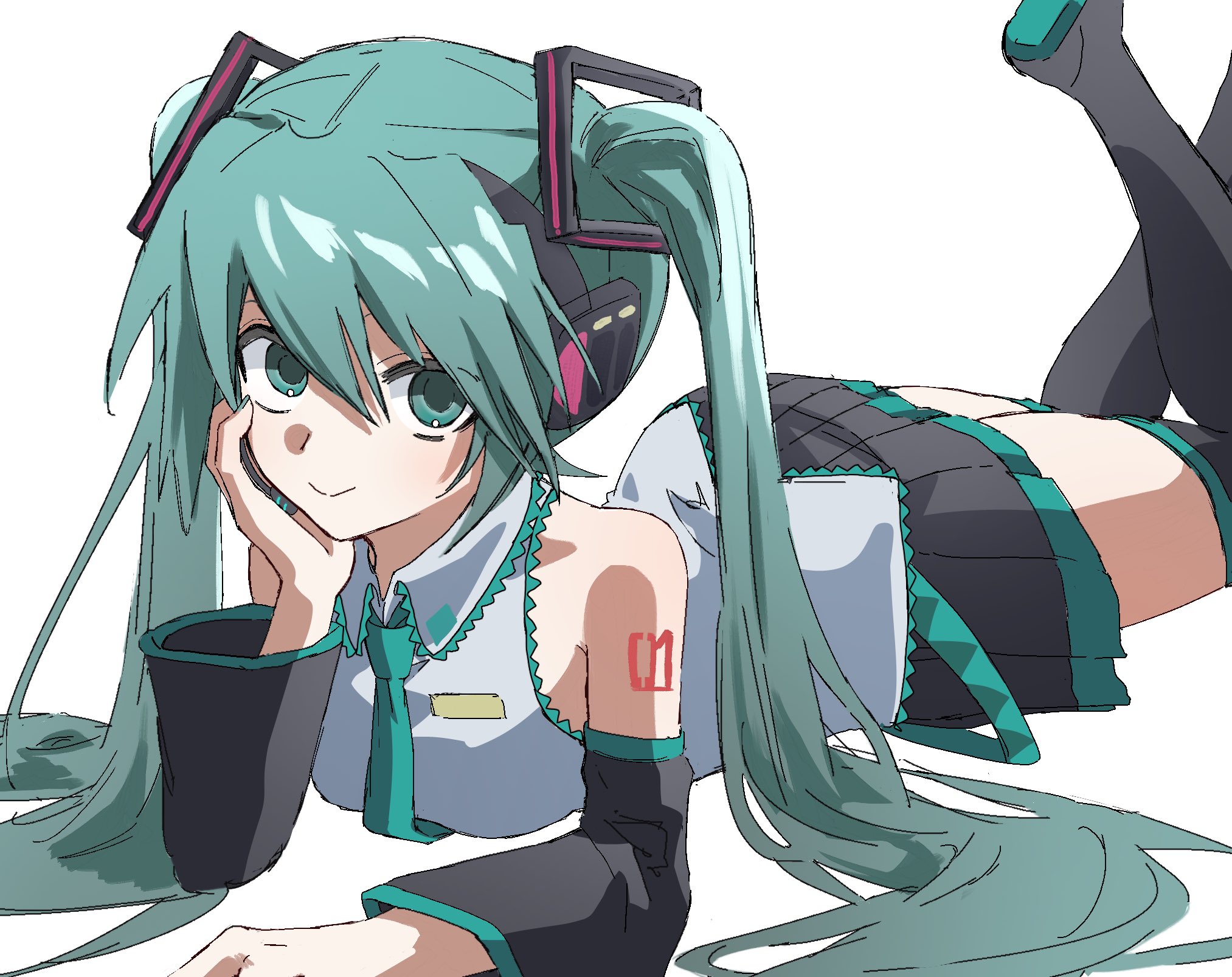 hishaku (hisyakusama), hatsune miku, vocaloid, hashtag-only commentary, highres, 1girl, :>, aqua eyes, aqua hair, aqua necktie, armpit crease, bare shoulders, black boots, black skirt, black sleeves, boots, collared shirt, detached sleeves, feet up, foot out of frame, grey shirt, hair spread out, hand on own cheek, hand on own face, headphones, long hair, looking at viewer, lying, necktie, number tattoo, on stomach, shirt, shoulder tattoo, simple background, skirt, smile, solo, tattoo, thigh boots, thighhighs, twintails, very long hair, white background, zettai ryouiki