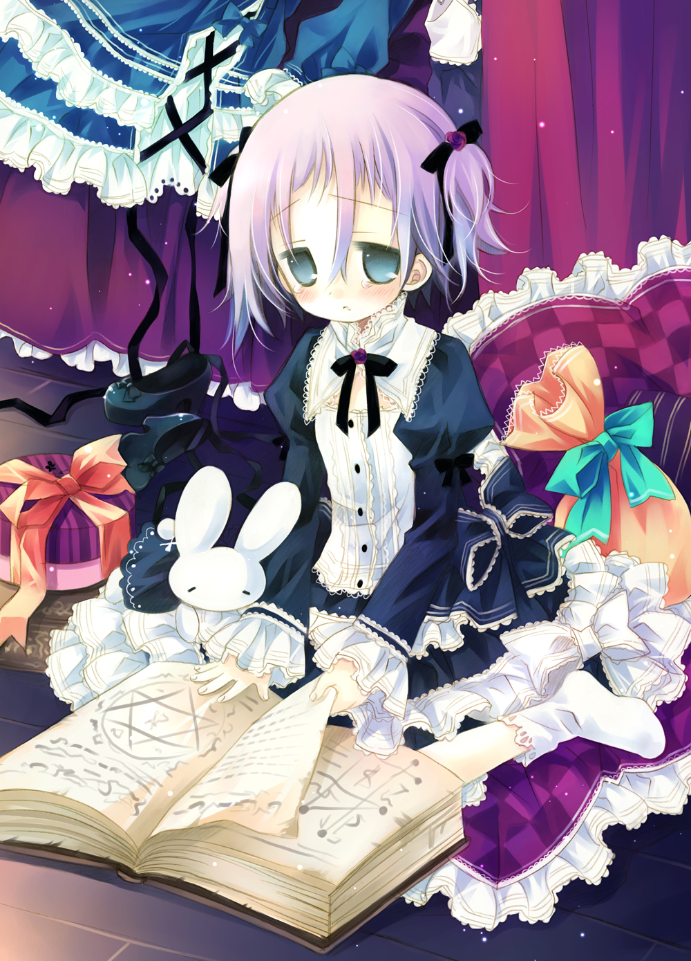 sakurazawa izumi, crona (soul eater), soul eater, gender request, highres, 00s, androgynous, blue eyes, blue hair, blush, book, bow, box, dress, frills, gift, gift box, gothic lolita, gradient hair, hair ribbon, hexagram, lolita fashion, matching hair/eyes, multicolored hair, pillow, pink hair, purple hair, rabbit, ribbon, shoes, short hair, sitting, socks, solo, tears