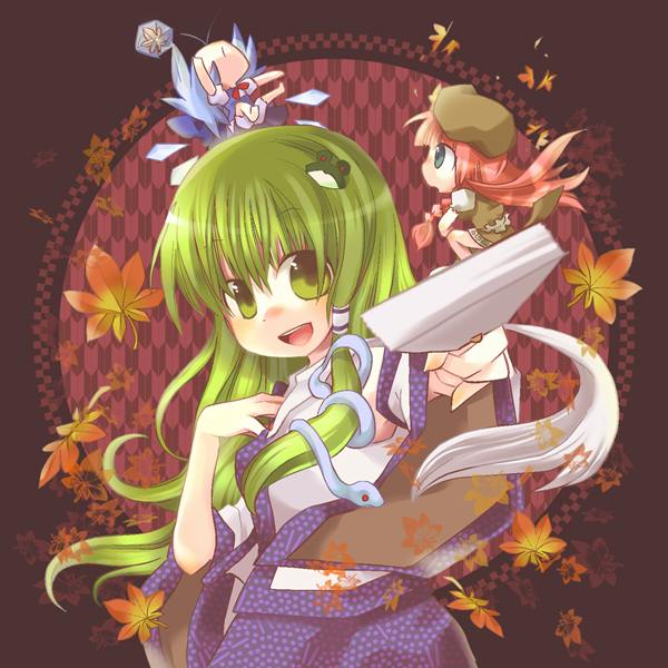 n:go, cirno, hong meiling, kochiya sanae, touhou, touhou hisoutensoku, blue eyes, blue hair, bow, braid, chibi, china dress, chinese clothes, detached sleeves, dress, frog, gohei, green eyes, green hair, hair bow, hair ornament, hat, leaf, long hair, red hair, short hair, snake, wings