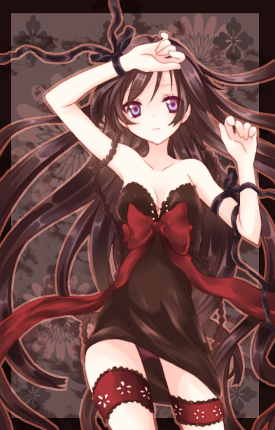 riichu, bad id, bad pixiv id, 1girl, bare shoulders, black hair, braid, breasts, cleavage, female focus, long hair, medium breasts, panties, purple eyes, ribbon, solo, underwear