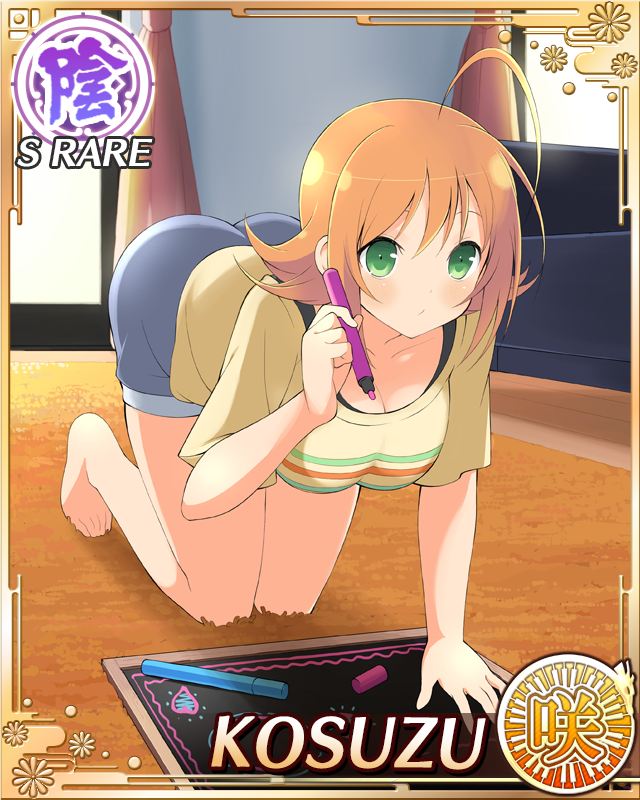 kosuzu (senran kagura), senran kagura, senran kagura new wave, game cg, official art, 1girl, ahoge, all fours, barefoot, blue shorts, border, breasts, butt crack, card (medium), character name, closed mouth, couch, dot mouth, drawing (action), english text, green eyes, holding, holding marker, indoors, large breasts, looking up, marker, medium hair, official alternate costume, orange hair, shirt, shorts, solo, yellow shirt