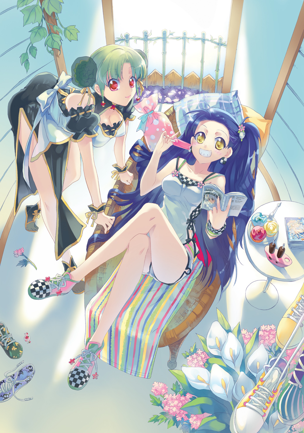 cu-rim, original, striped, highres, 2girls, bent over, blue hair, book, bracelet, breasts, bun cover, china dress, chinese clothes, cleavage, cleavage cutout, clothing cutout, crossed legs, double bun, dress, earrings, flower, food, from above, green hair, grin, hair bun, hair flower, hair ornament, hairclip, holding, holding book, indoors, jewelry, knees up, large breasts, legs, lying, medium breasts, multiple girls, on back, open book, plant, popsicle, red eyes, shoes, side slit, single hair bun, sitting, smile, sneakers, table, wrist cuffs, yellow eyes