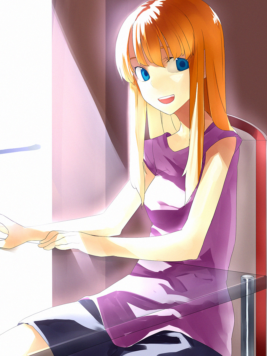 hama (22ji kara 24ji), highres, tagme, blue eyes, long hair, orange hair, smile, solo