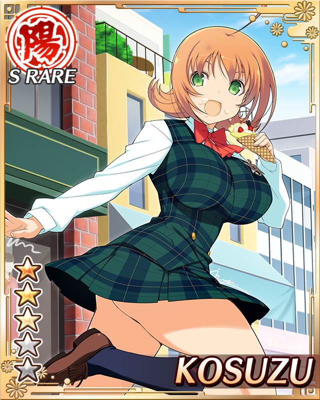 kosuzu (senran kagura), senran kagura, senran kagura new wave, game cg, official art, 1girl, ahoge, ankle socks, black socks, border, bow, bowtie, breasts, card (medium), character name, crepe, day, eating, english text, food, food on face, green eyes, green skirt, green vest, holding, holding crepe, holding food, large breasts, long sleeves, looking back, medium hair, official alternate costume, open mouth, orange hair, plaid clothes, plaid skirt, plaid vest, red bow, red bowtie, running, sakigei municipal academy school uniform, school uniform, shirt, skirt, smile, socks, solo, vest, white shirt