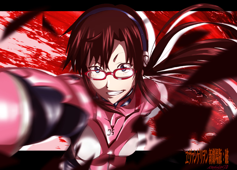 jet yowatari, makinami mari illustrious, evangelion: 2.0 you can (not) advance, neon genesis evangelion, rebuild of evangelion, bad id, bad pixiv id, 00s, 1girl, blue eyes, blurry, brown hair, depth of field, female focus, glasses, grin, hairband, mecha pilot suit, motion blur, plugsuit (evangelion), smile, solo