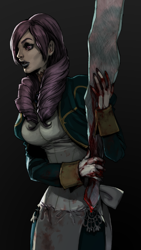 yurizuka (sergeant heart), daniella, capcom, demento, homunculus, 1girl, apron, blood, blue lips, dark, dress, drill hair, female focus, glass, lips, lipstick, maid, maid apron, makeup, purple eyes, purple hair, solo