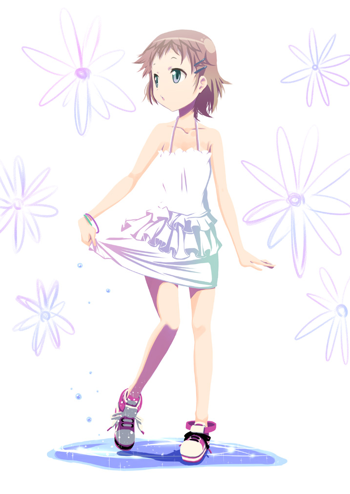 wadapen, original, blue eyes, bracelet, brown hair, dress, flower, jewelry, legs, shoes, short hair, sneakers, solo